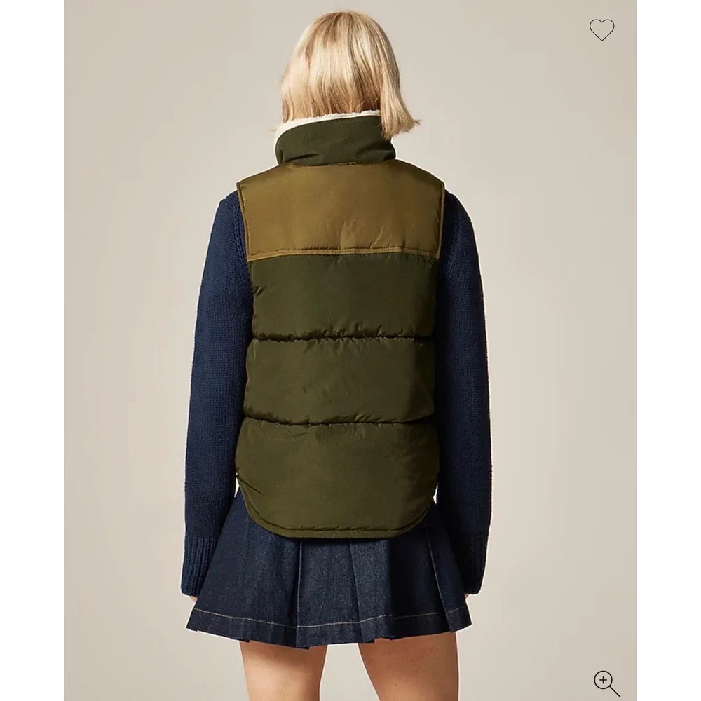 J.CREW Colorblock Puffer Vest with PrimaLoft Small Olive Green‎ Khaki NEW Sherpa